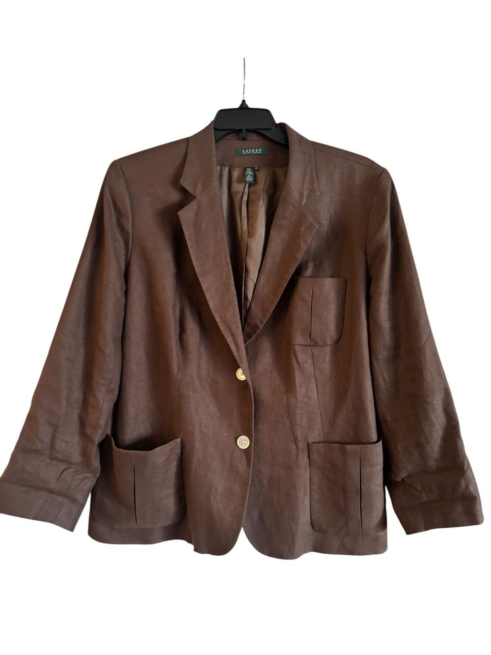 Lauren Ralph Lauren Womens Brown Linen 2 button long sleeve blazer pockets 18W